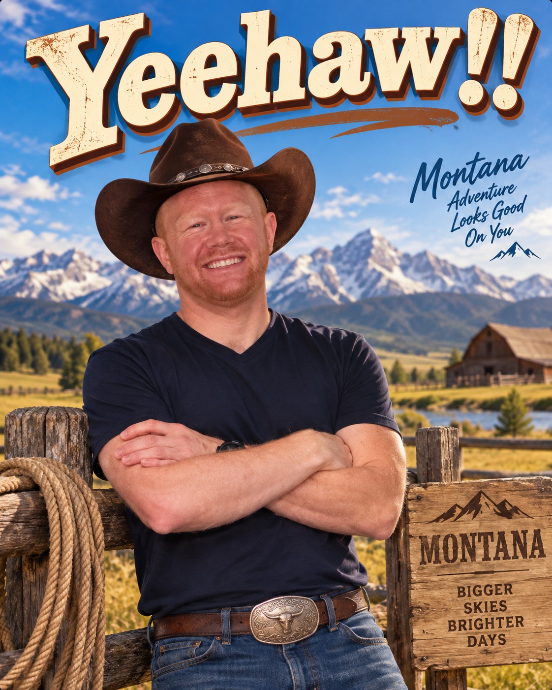 Tyler Paine in a cowboy hat in front of Montana mountains, under the word Yeehaw!!